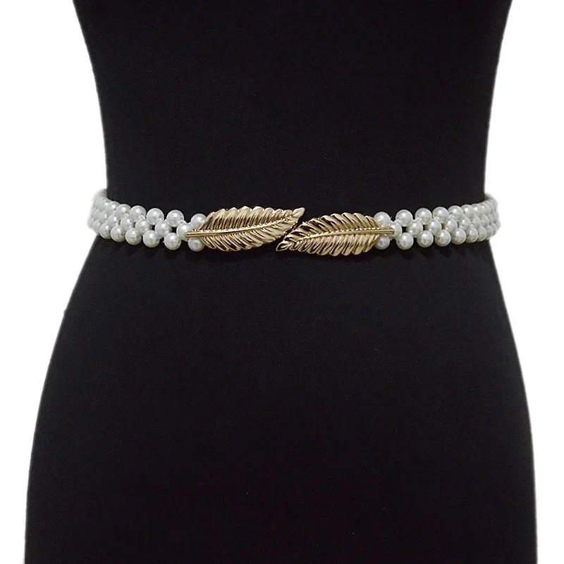 Summer Womens Belt Fashionable Versatile Metal Leaf Pearl Waist Chain Dress Accessory Metal Hook Eye Clasp Pearl Jewelry 250612