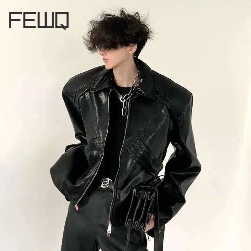 FEWQ High Street Mens PU Leather Coats Lapel Solid Color Pleated Shoulder Pads Menswear Loose Male Jackets 24K3041 250614