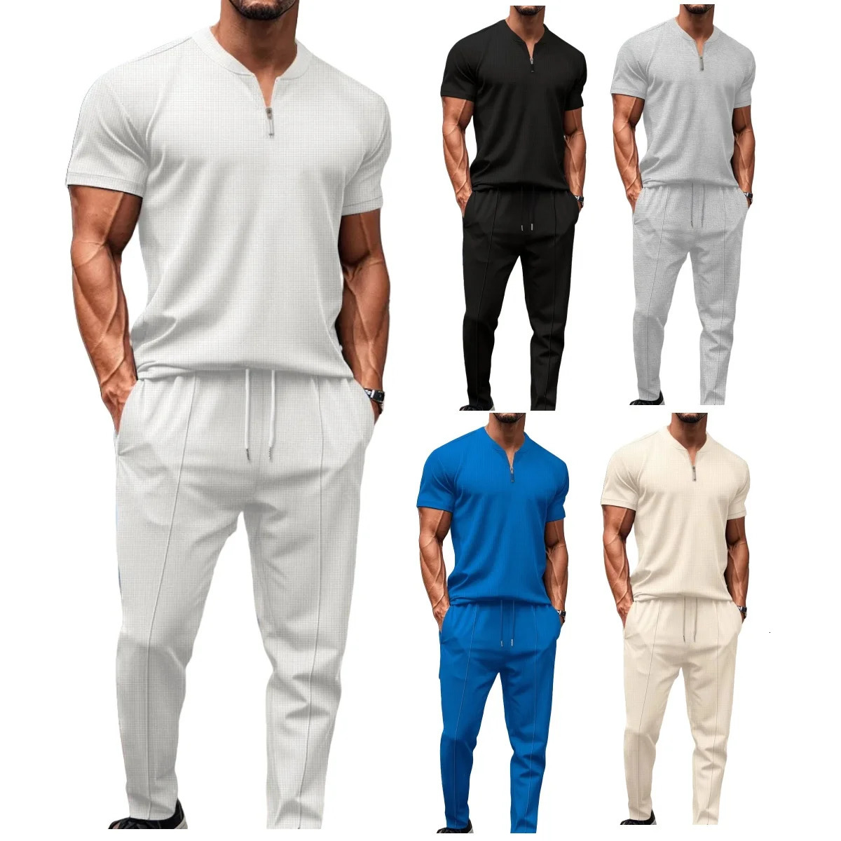Mens summer suit Waffle collar solid color zipper short sleeve pants suit fashion casual loose sportswear 250614