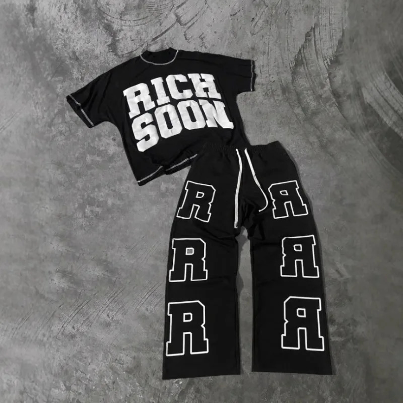 Y2K Vêtement pour hommes rétro Hip Hop Rock High Street T-shirts surdimensionnés gothique Harajuku mode pantalons de survêtement deux pièces ense
