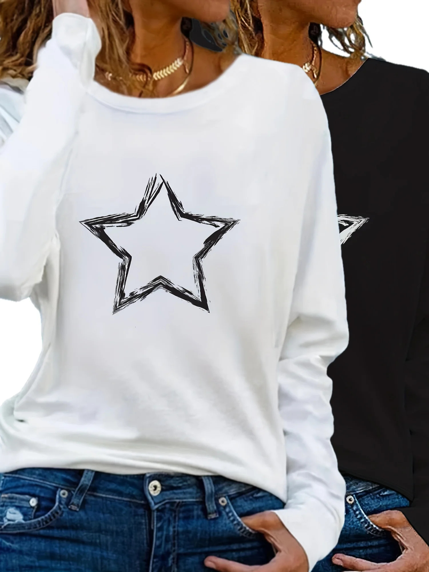 Heart Print Crew Neck T shirt Casual Long Autumn winter top womens long sleeved Tshirt loose comfortable black white 250603