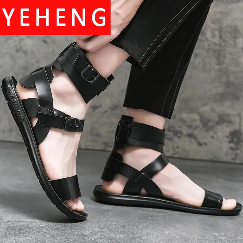 Summer Mens Sandals Fashion Leather Flats Beach Shoes Moccasins Toes Cross-Tied Ankle Buckle Strap Male Open Toe Casual Shoes 250612
