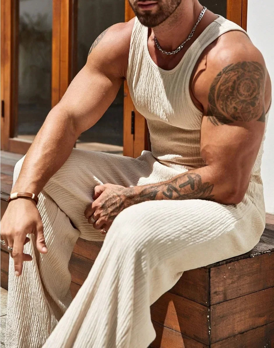 Summer Mens Sleeveless Vest and Pants Set Fashionable Fitness Sports Leisure Vacation American Commuting 2-Piece set 250614