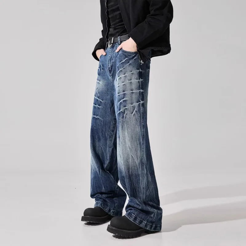 Mens Denim Pants Contrast Color Straight Washing Summer Menswear Loose Wide Leg Male Jeans Streetwear Simple Jeans Print 250614