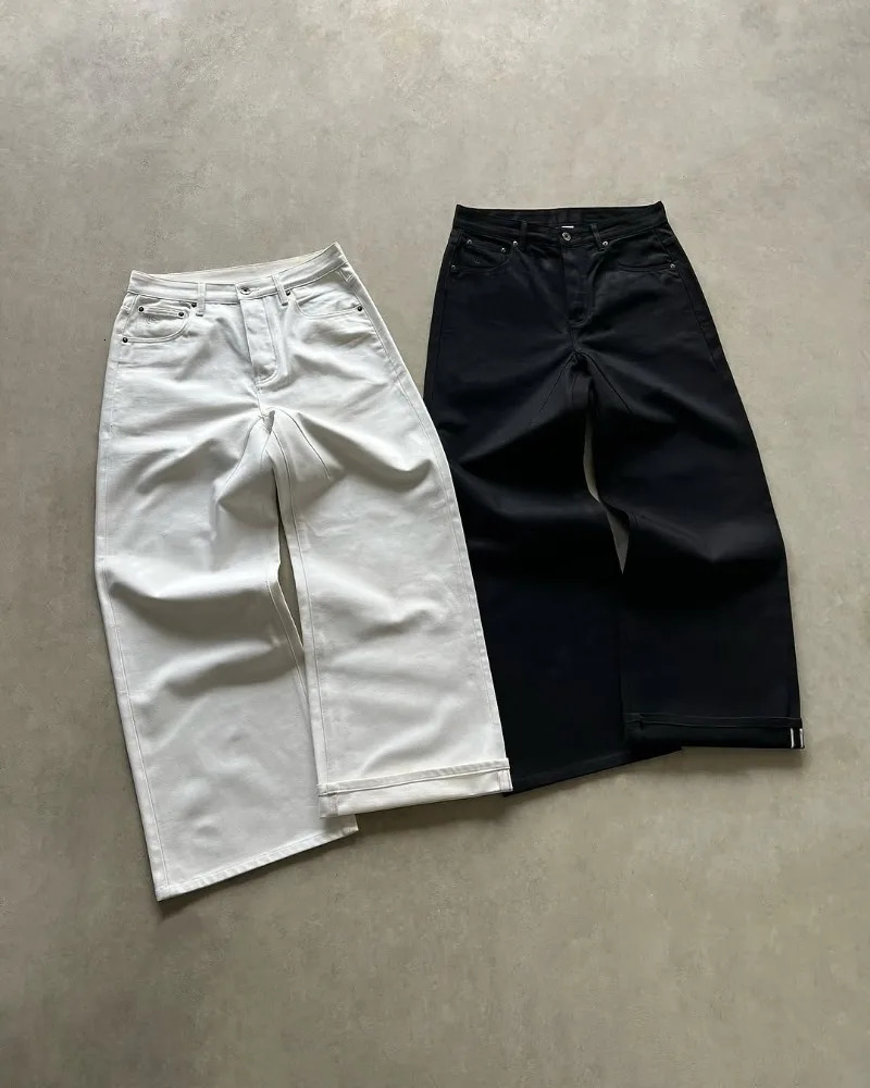 American fashion trend solid color high waisted jeans mens Y2K street hip-hop loose fitting Harajuku versatile wide leg pants 250614