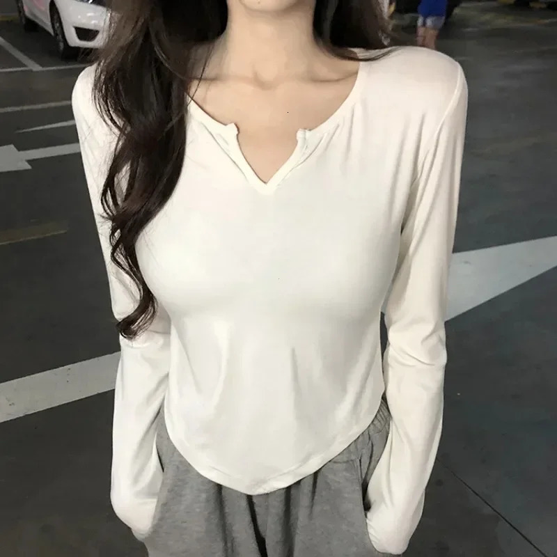 Sexy V Neck Long Sleeve T-Shirt Women Y2k Top Spring Autumn Irregular Hem Slim Casual Tops White Bottoming Korean Shirt 250614