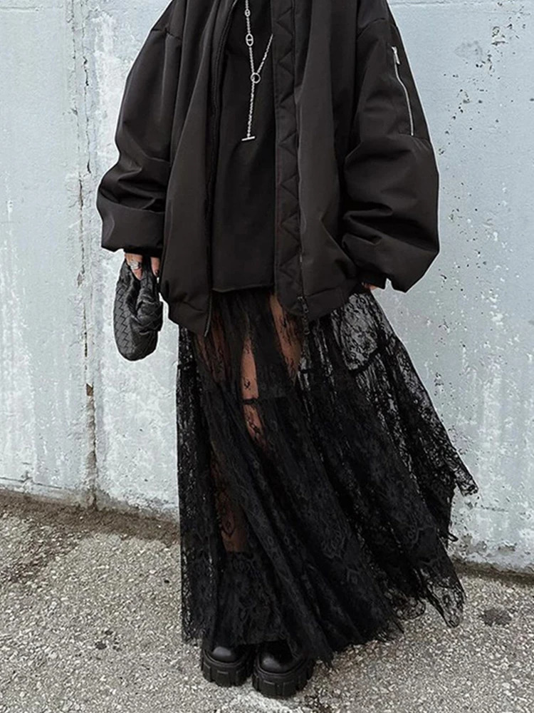 Mueyeruho 2024 Spring Summer Women Sexy Maxi Lace Skirts Solid High Waist Flare Long Skirt For Women250616
