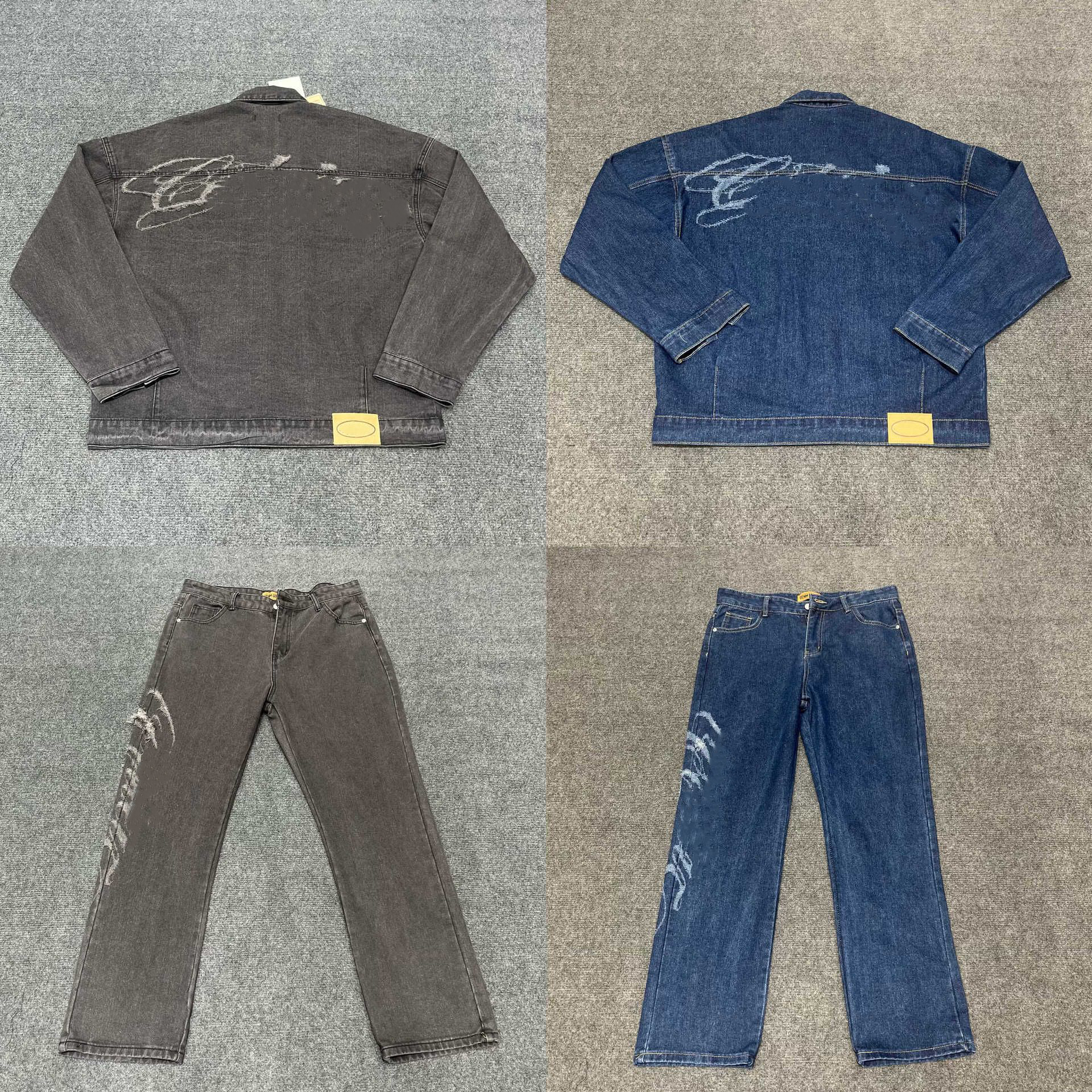 Designer Mens Baggy Jeans Embroidery Pattern Washed Denim Jacket Vintage Hip Hop Straight Leg Pants Men Streewear