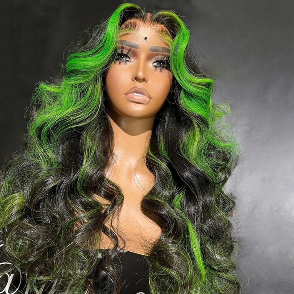 Black and Green Highlight Wig Human Hair 13x4 Body Wave Lace Frontal Wigs Ombre 13x6 Green Lace Front Wig Human Hair Pre Plucked Synthetic