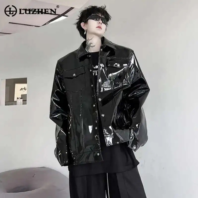 LUZHEN Mens Leather Jacket Trend Niche PU Streetwear Korean Style Fashion Male Clothing Glossy Elegance Outerwear LZ8893 250614