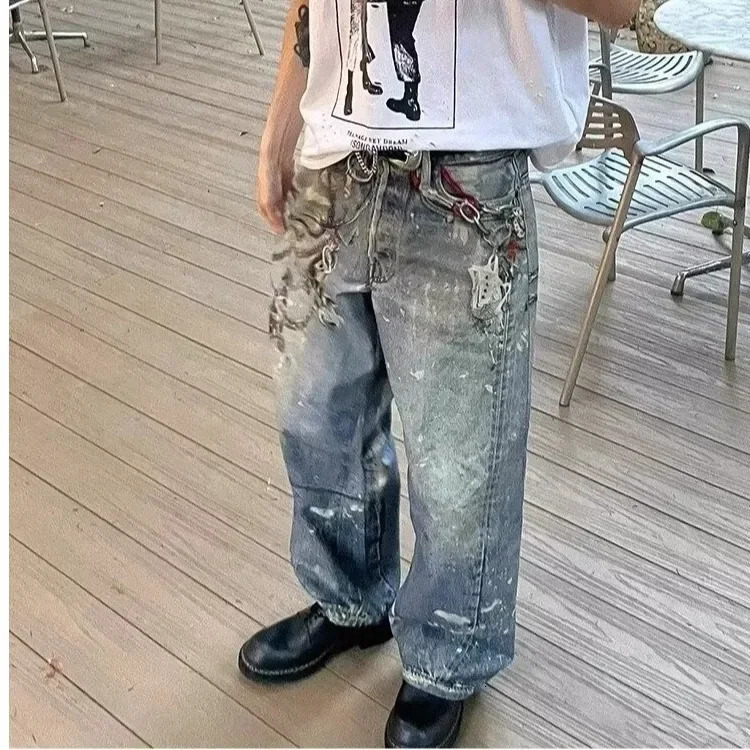 American Style Vintage Jeans Mens Summer Loose-Fit Denim Pants With Chain Printing Sensibility High Street Vibe 250614
