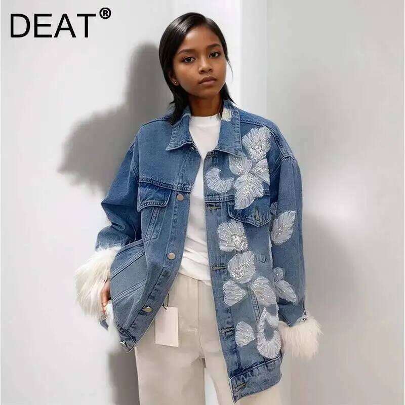 DEAT Women's Feathers Patchwork Sequins Denim Coat Pockets Single Breasted Female Jackets 2025 Spring New Fashion 29L9568