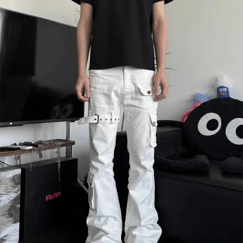 American High Street Vibe Straps and Squid Work Jeans Mens Style Korean Clothes Baggy Pants Denim Shorts Rhinestones 250614