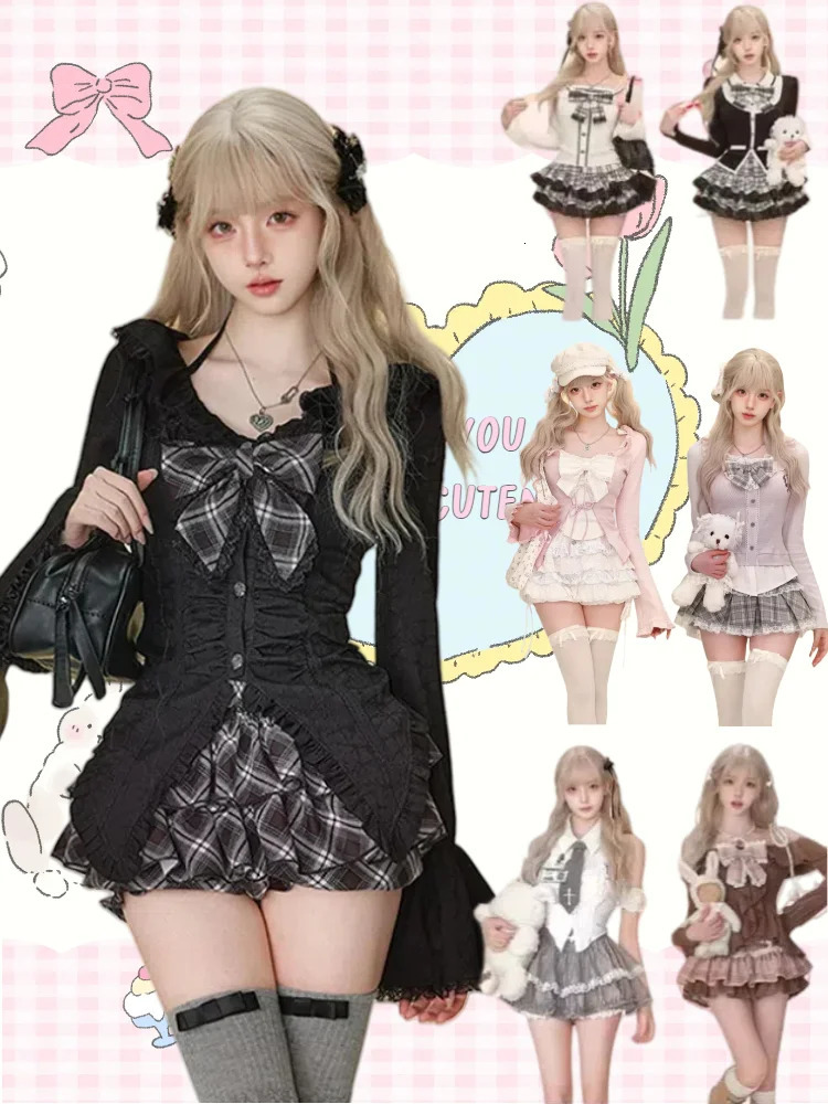 Japanese Sweet Preppy Style 2 Piece Set Women Kawaii Lace Patchwork Bow Tops Y2k Plaid Mini Skirt Elegant Fashion Outifits 250612