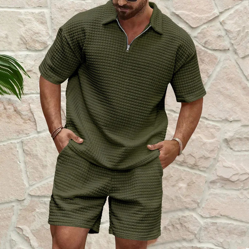 European and American Mens Spring and Summer Trends Youth Outdoor Lapel Small Plaid Short Sleeve Shorts Sports Suit 250614