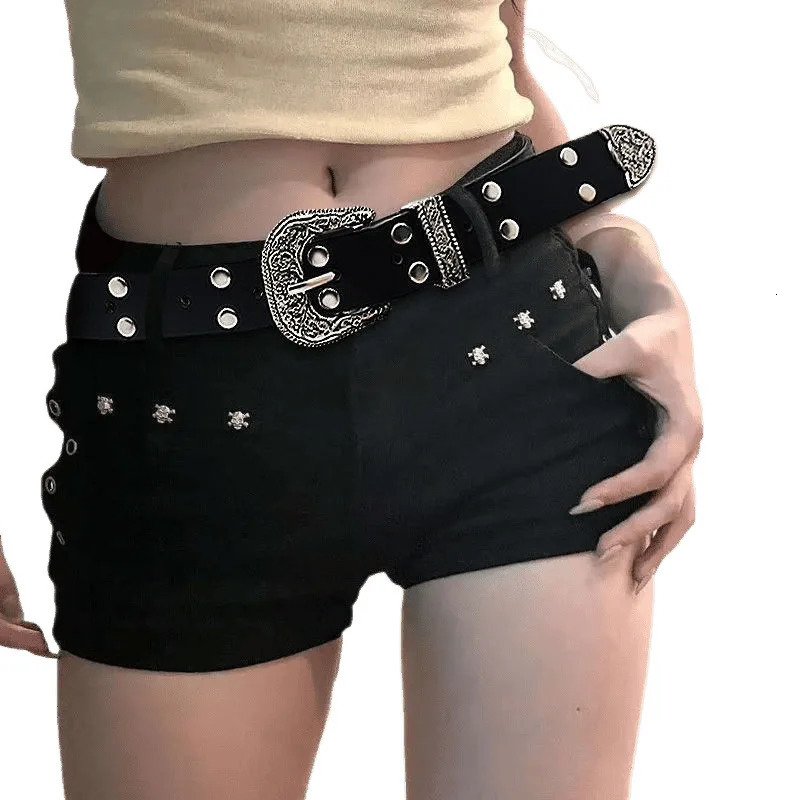 American girl dark y2k hip-packing black pants rivet sense denim shorts womens low waist slimming belt 250613
