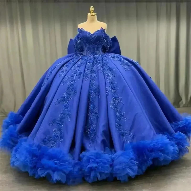 Robes de Quinceanera bleu royal princesse hors épaule volants arc appliques dentelle douce 15 robe robes de soirée sur mesure couleur/taille