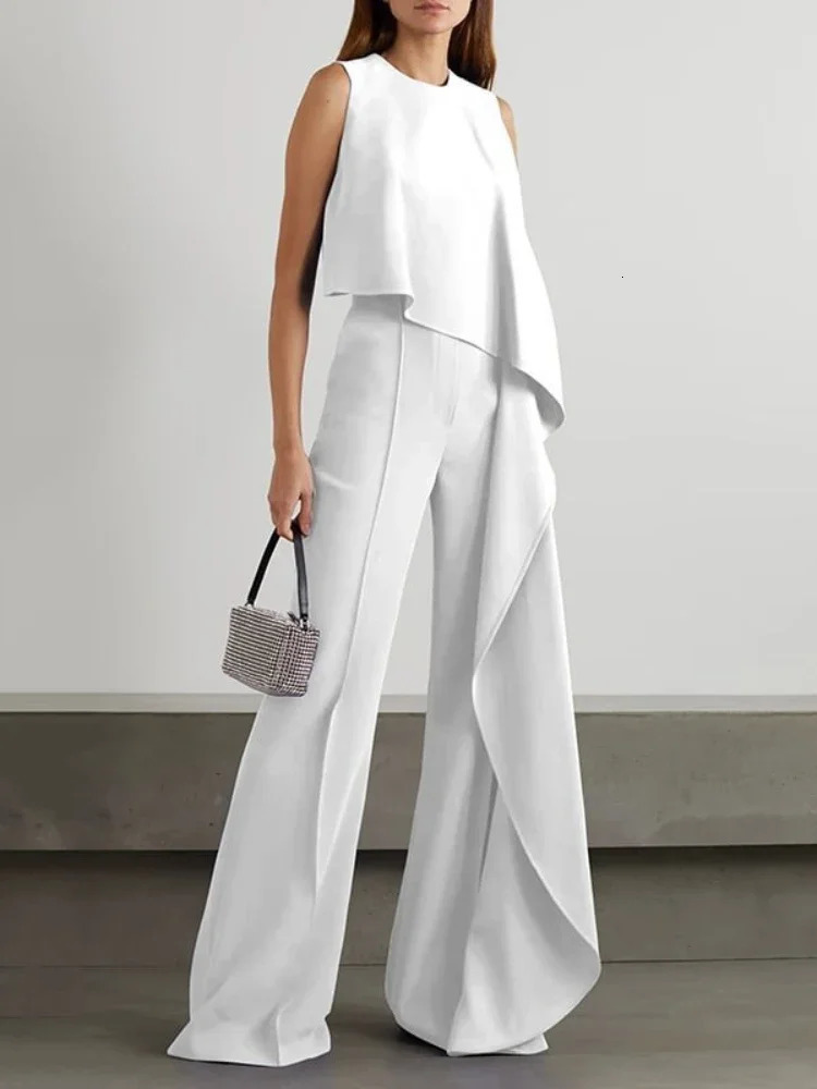 Spring Jumpsuits for Women Plain Elegant Office Lady Solid Color Loose Ruched One Shoulder Split Hem Wide Leg Jumpsuit 250617