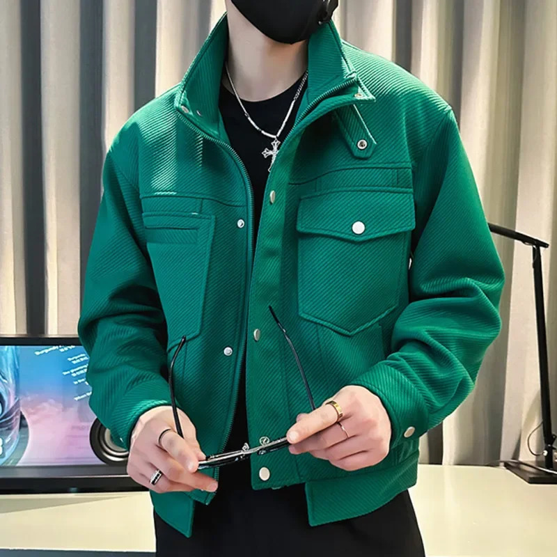 Couleur continue grande veste de baseball de poche hommes manteau veste revers tenue club masculin club green rétro high street couple veste 2550