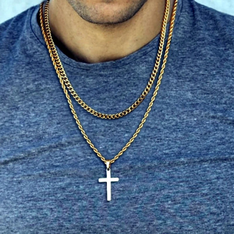 Collier de croix à double chaîne en acier inoxydable HNSP PENDANT POUR HOMMES BIELSE CONSEIL ACCESSOIR
