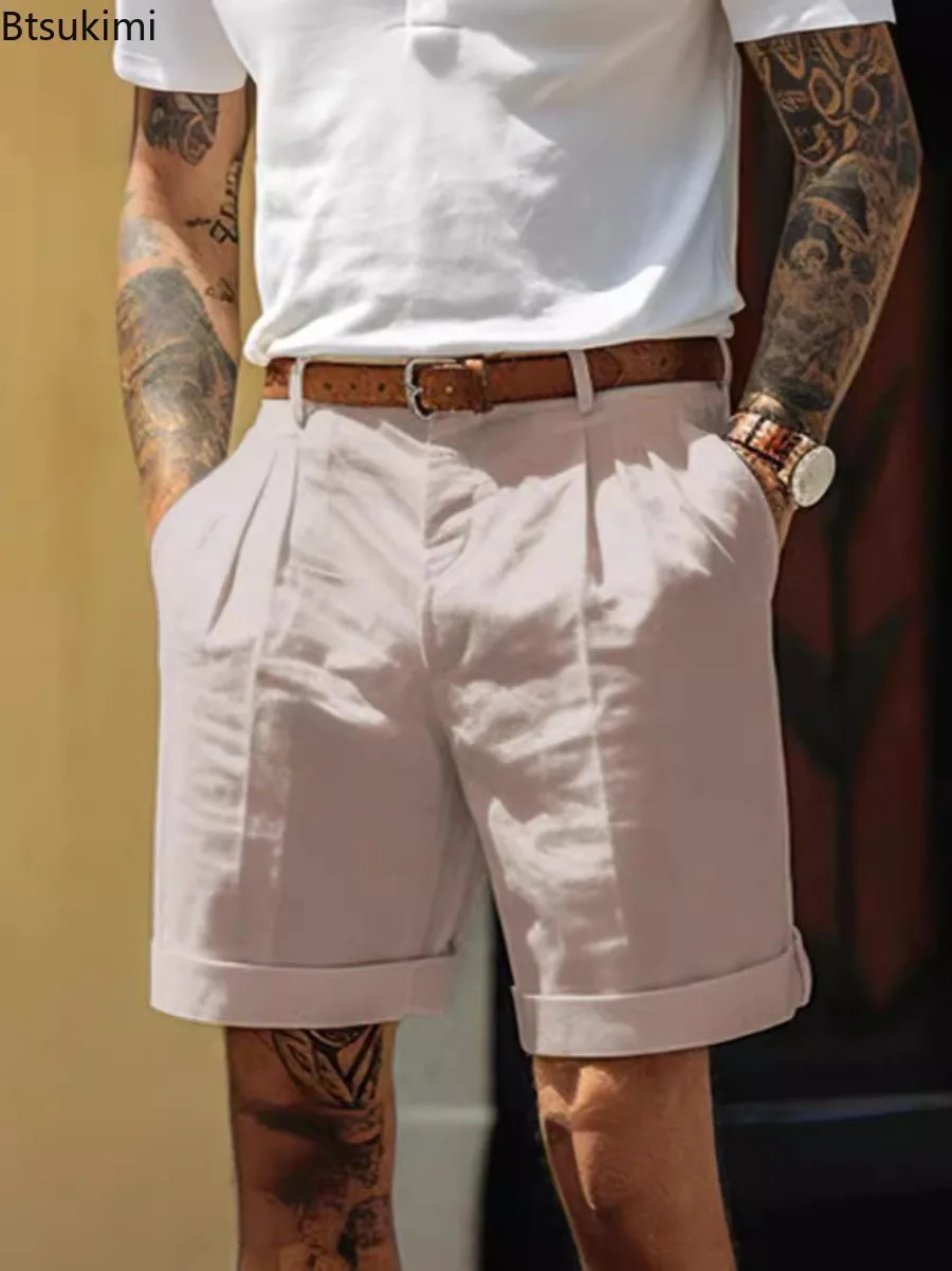 Summer Fashion Solid Cotton Linen Shorts for Men Breathable Pleated Loose Casual Straight Shorts Men Daily Versatile Short Pants 250614