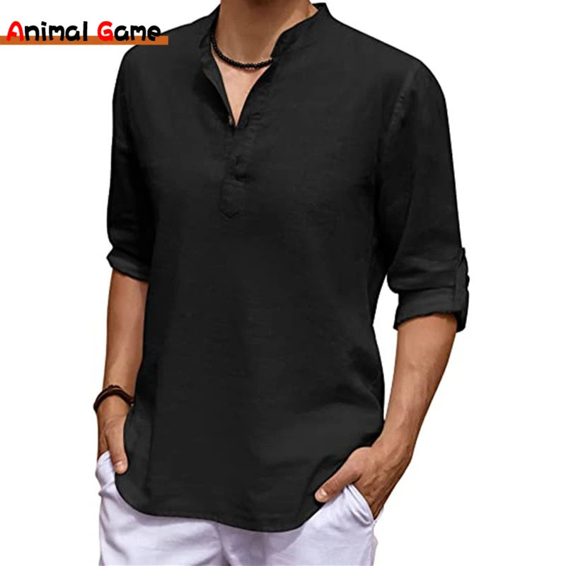 Linette pour hommes à manches longues en V Couleur à col en V Couleur solide Shirt Coton Shirt Cotton Shirts de taille plus taille pour hommes 25