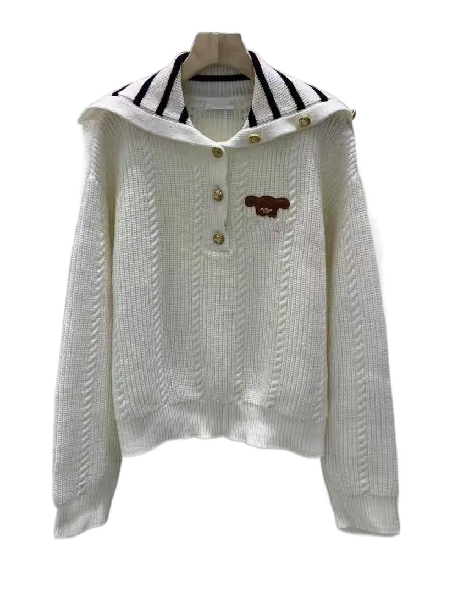 Women's Sweaters Designer Women new stripe sailor collar buttons patched PU leather logo embroidery knitted sweater jumpers SMLXL ZMF8