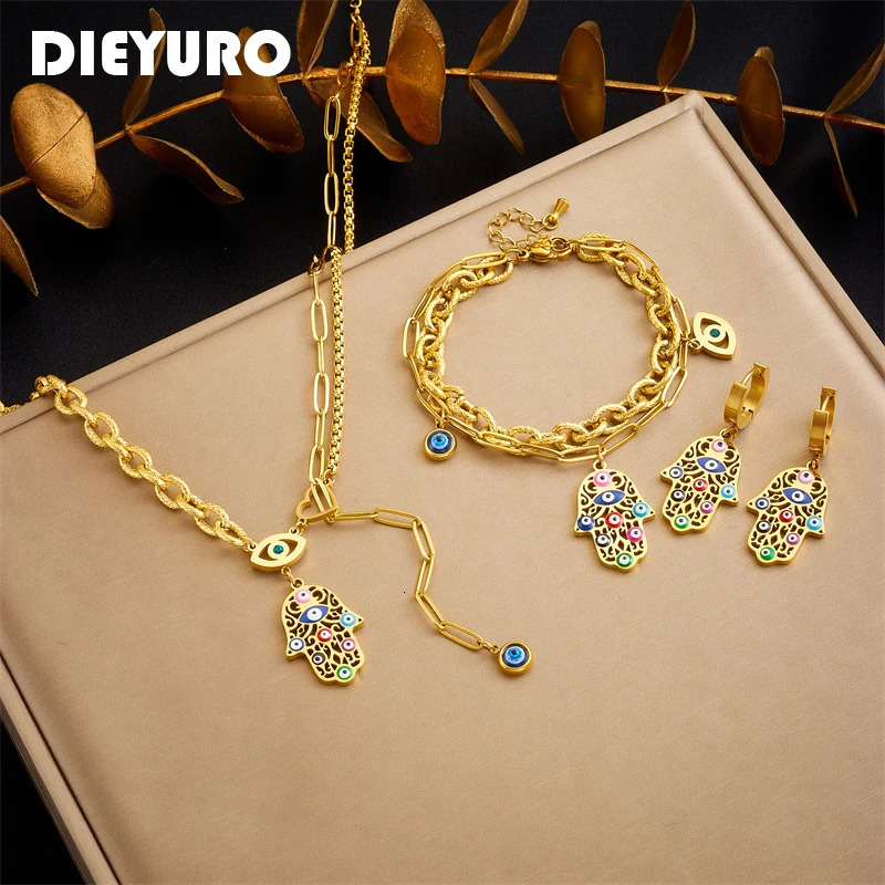 DIEYURO 316L Stainless Steel Vintage Colored Palm Eye Necklace Bracelets Earrings For Women Trendy Jewelry Set Wedding Gift 250617