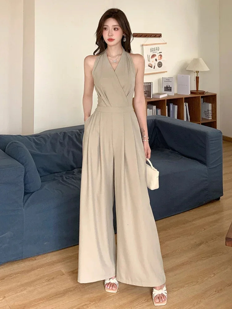 Women Clothes Elegant Sexy Halter Backless Folds Slim Wide Leg Loose Rompers Summer Solid Casual One Piece Long Jumpsuits 250614