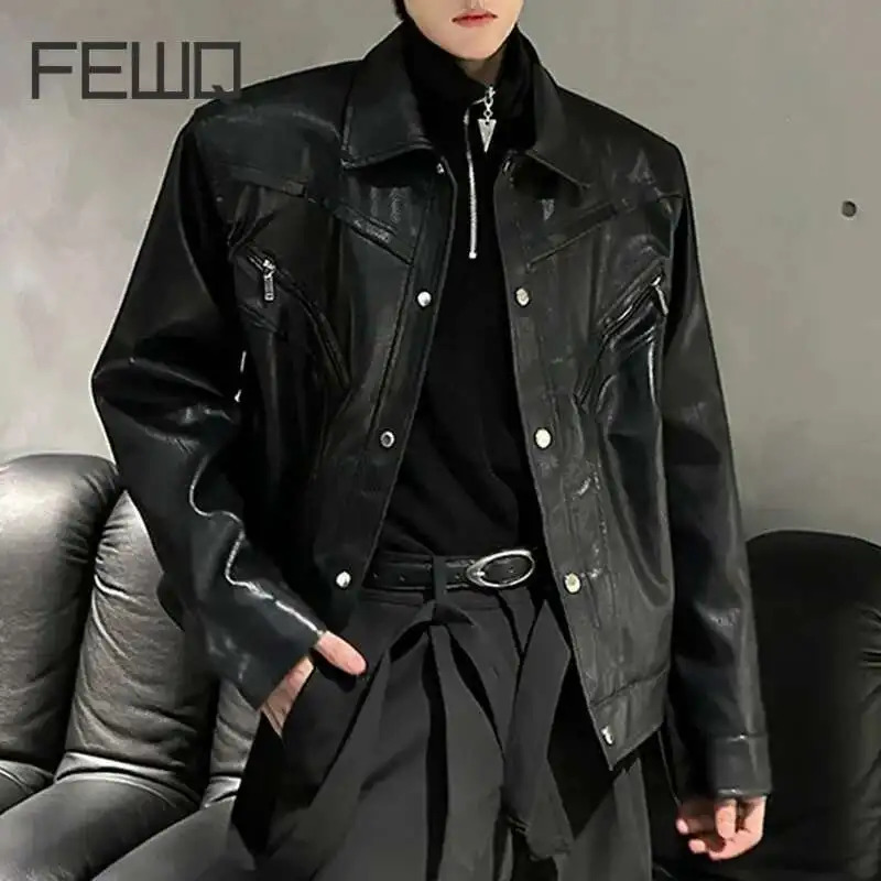 FEWQ Shoulder Padded Mens PU Leather Coats Single Breasted Lapel Solid Color Zipper Patchwork Loose Male Jackets 24K2884 250614