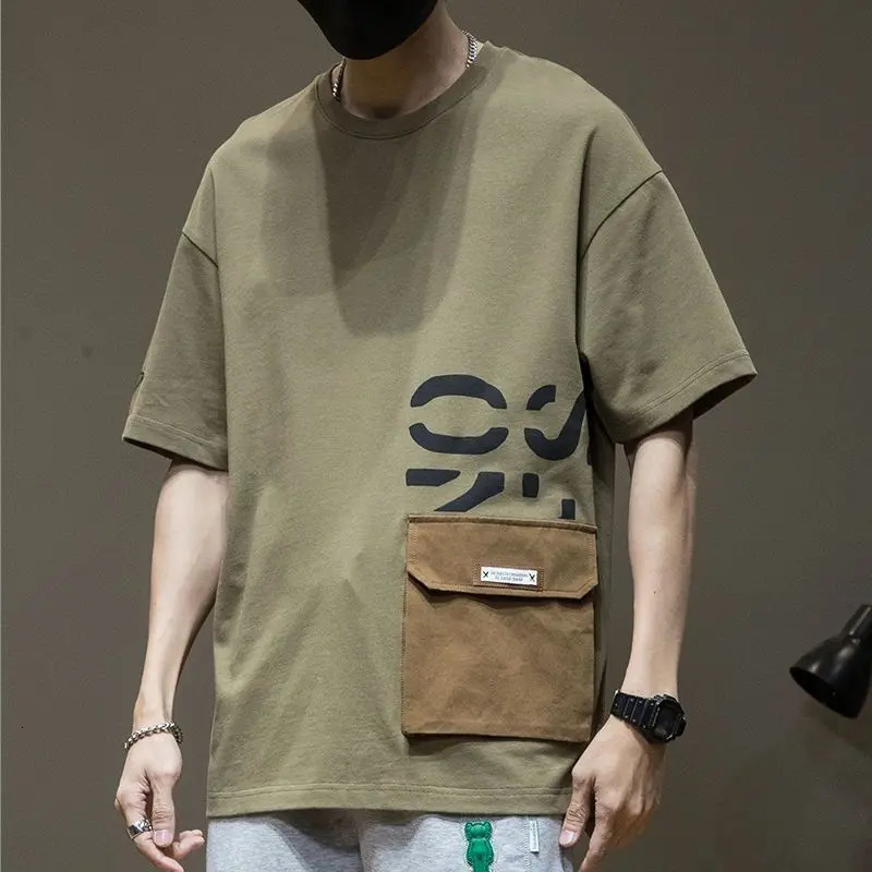 Loose T Shirt for Men Print Pocket Top Korean Clothing Man Tee Shirts Vintage Wholesale Elastic Fashion Clothes Summer Y2k 250616