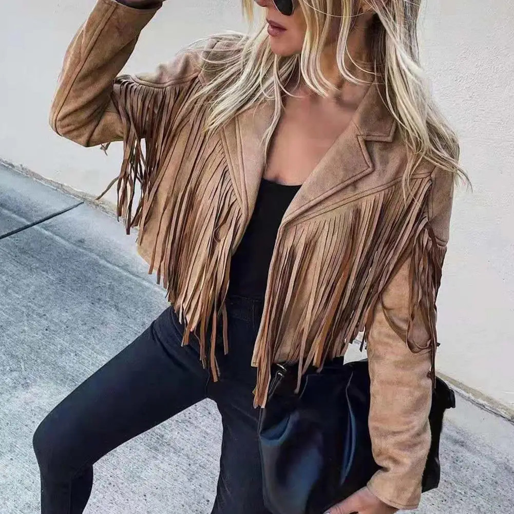 Veste à glace décontractée pour femmes à manches longues à manches à manches à tête à franges cardés faux en daim de moto pour le printemps autom
