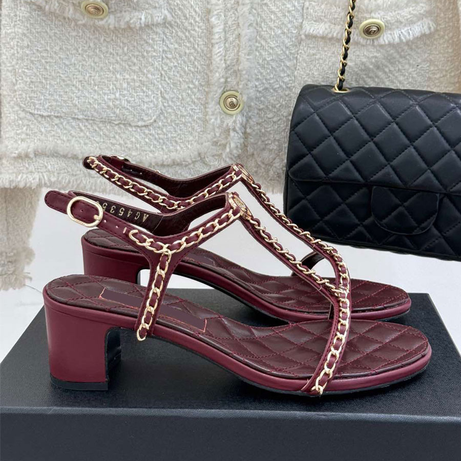 top quality Chunky heel sandals Chain kitten heels Dress shoes ankles strap Real leather open toes Luxury designer sandals Office Eveningshoes 35-41