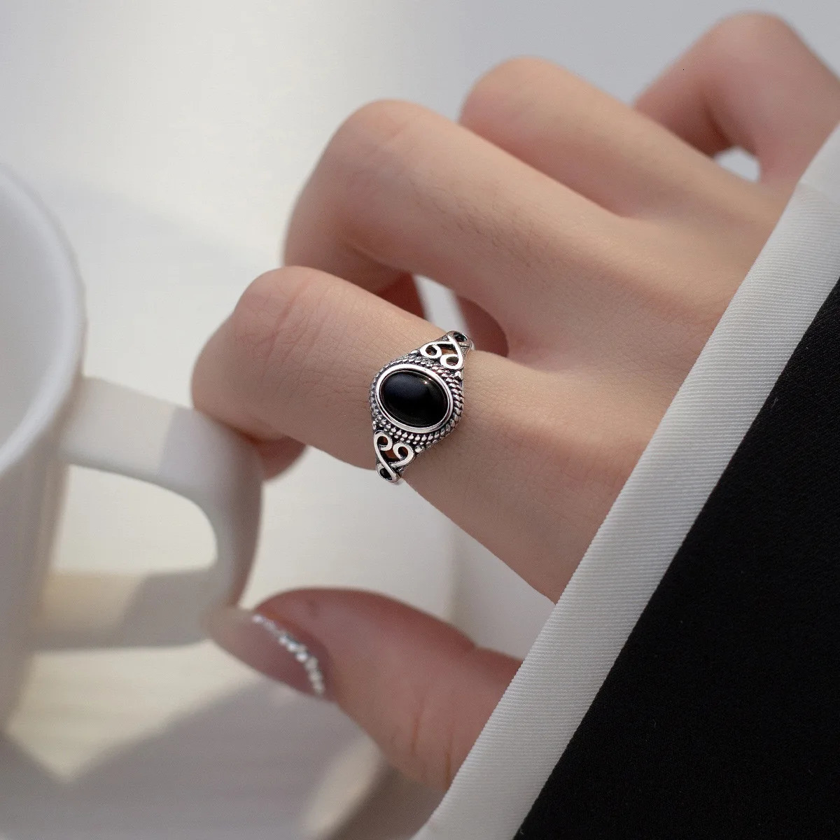 S925 Sterling Silver Vintage Natural Black Onyx Rings Adjustable Stone Rings Fine Jewelry For Women Men Gifts 250611