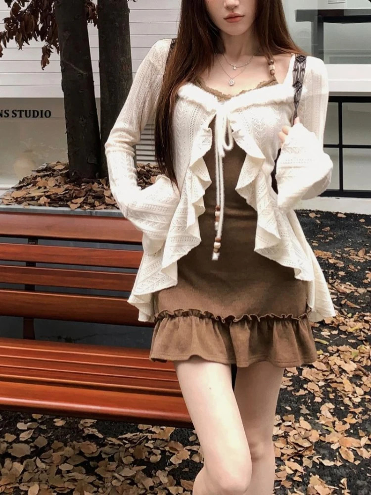 American Retro Slim Fit Camisole Dress for Women Ruffles Long Sleeve Knitted Cardigan 2025 Autumn Two Piece Sets 250612