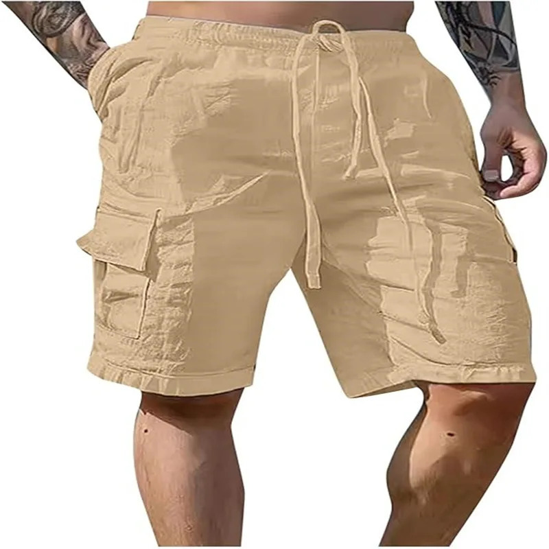 Mens Solid Color Drawstring Cotton Linen Multi-pocket Work Loose Outdoor Breathable Shorts 250614