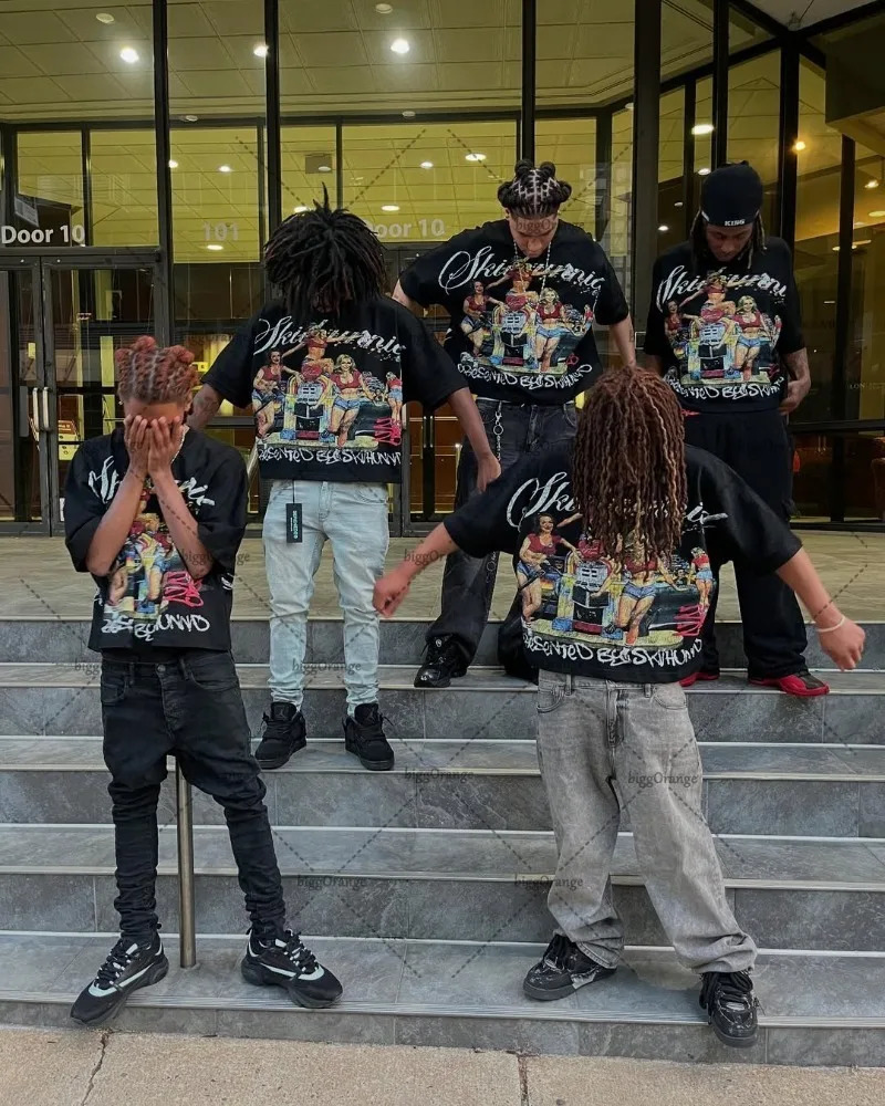 American Hip-hop Oversized T-shirt Y2K Streetwear Men Casual High Street Harajuku Trendy Pure Cotton Round Neck top Women 250614
