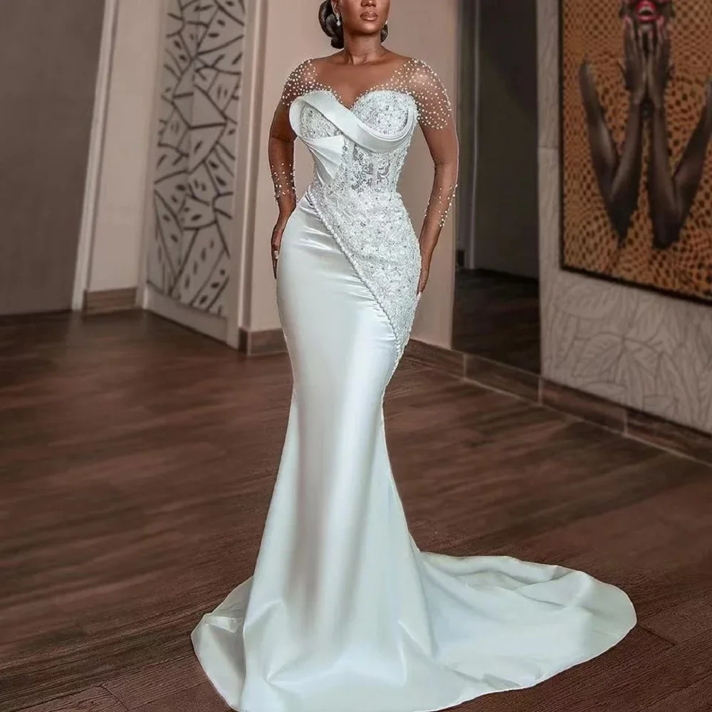 Perles de luxe robes de mariée en dentelle pure manches longues sirène col en V robes de mariée à manches longues balayage train civil pour la ma