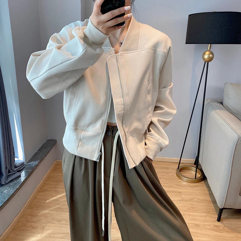 High Street Solid Bomber Jacket Women Fall Long Sleeve Zipper V Neck Cropped Coat Korean Female Fashion Loose Tops 250614