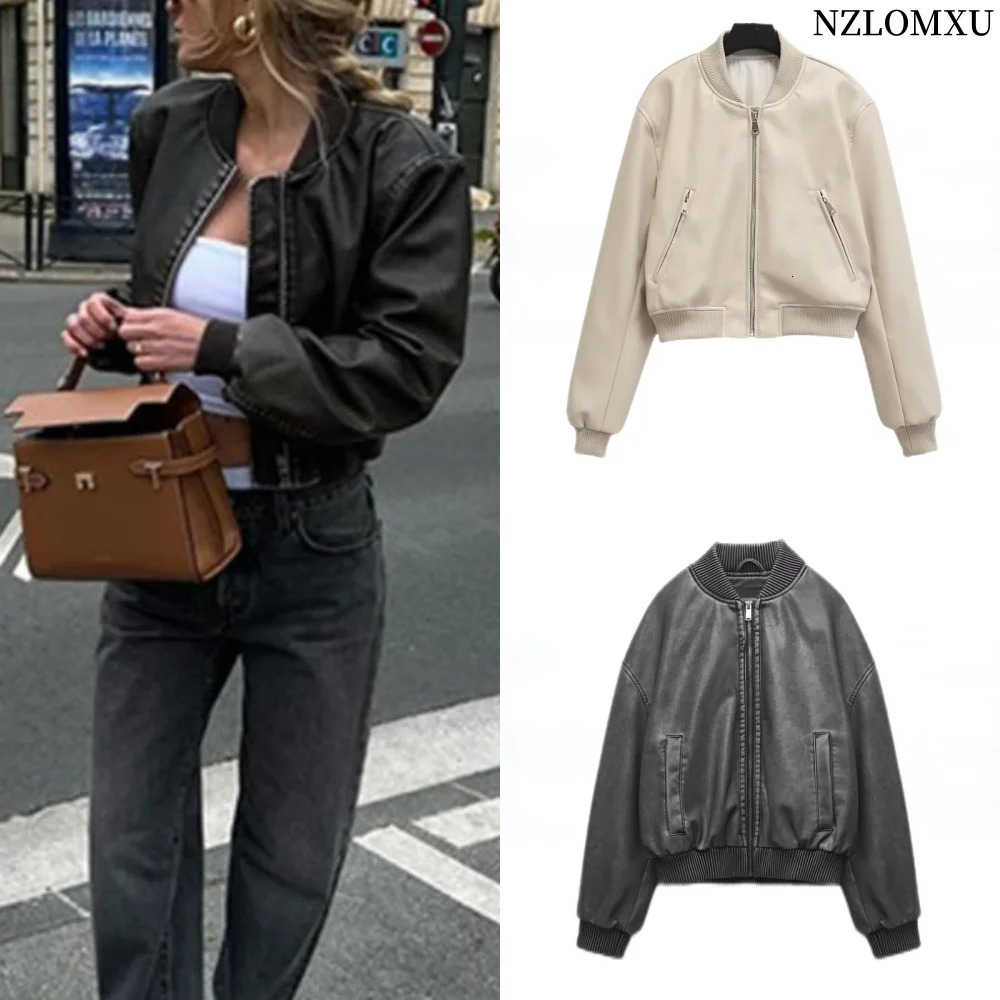 Femmes lavées en cuir gradient cou rond manches longues veste lâche zipper coucher court faux cuir bombardier locomotif pu manteau top 250614