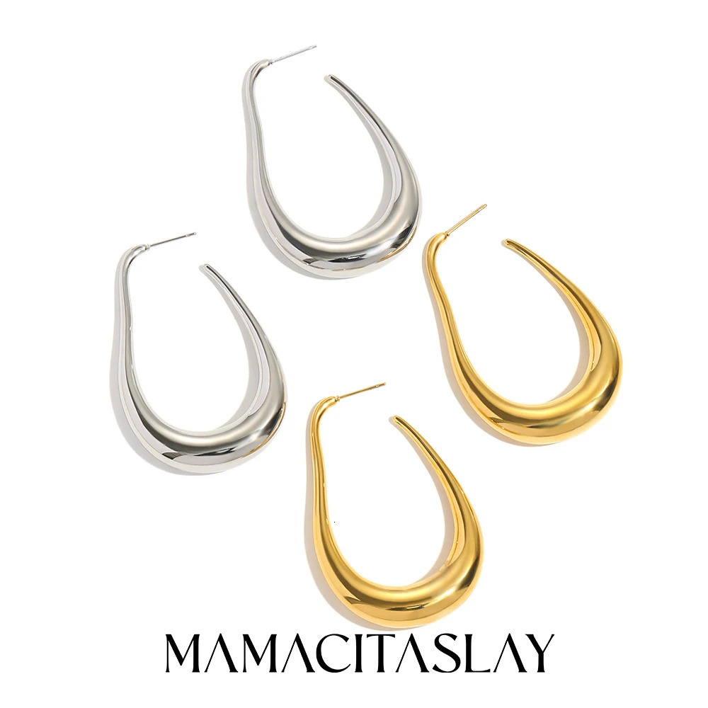 MamacitaSlay Unique Exaggerated 18K Gold Plated Stainless Steel Pear Shape Hollow Hoop Earrings Party Womens Waterproof Jewelry 250612