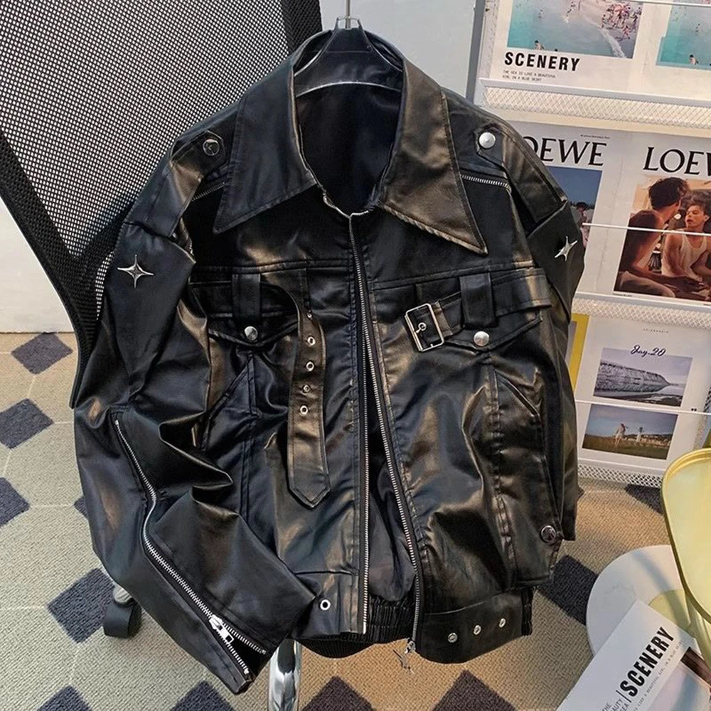 Men Pu Jacket Motorcycle Biker Straps Metal Pu Jacket Streetwear Fashion Versatile Trendy Casual Long-Sleeve Tops MenS Clothing 250614