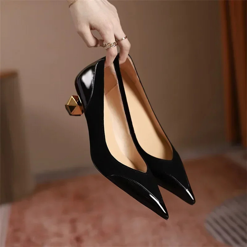 Middle Heel High Heels Women Spring Autumn Korean Fashion Splicing Pointed Shallow Shaped Heel Thick Single Shoes for Women 250614