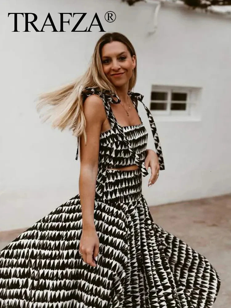 Trafza Summer Print sets femme sexy sans manches arrière sans manches corset de mode lacet up up top femelle élégante jupe midi plissée A-line 25