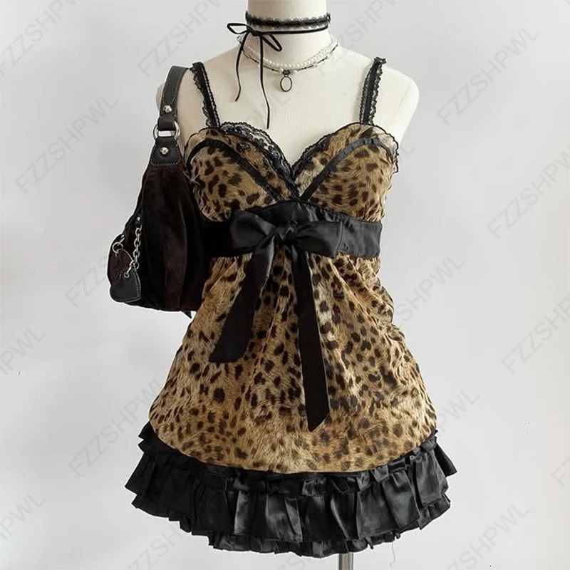Y2K Harajuku Aesthetic Womens Leopard Camisole Top Sexy Slim Chic Solid Color Mini Skirts Grunge Punk Hip Hop tie Streetwear 250616