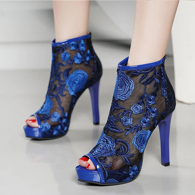 Sexy Summer Women Mesh Sandals Ankle Boots Super High Heels Lace Boots Woman Elegant Embroidery Peep Toes Platform Black 250612