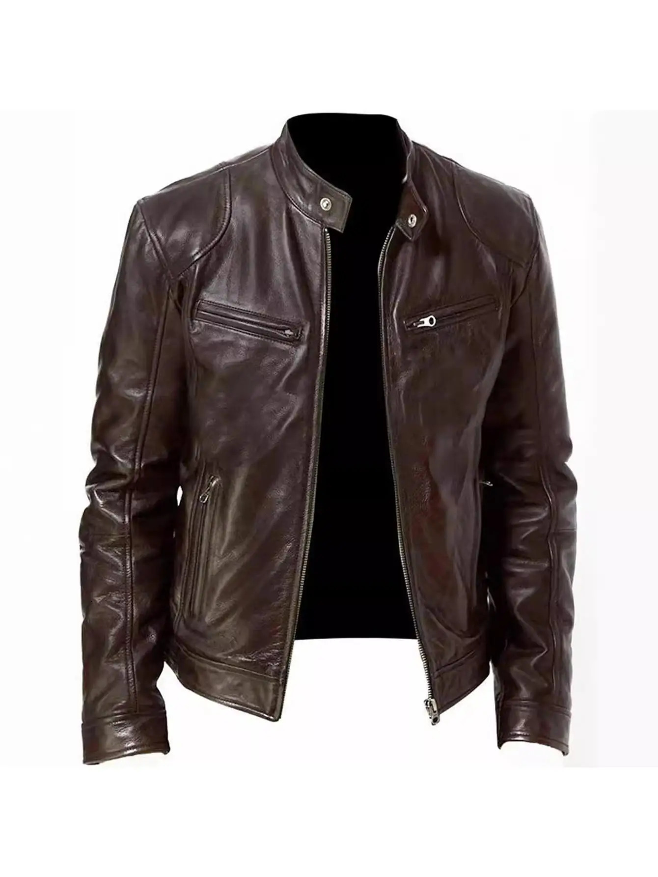 Mens Fashion PU Leather Jacket Classic Zip-Up Faux Leather Coat 250614