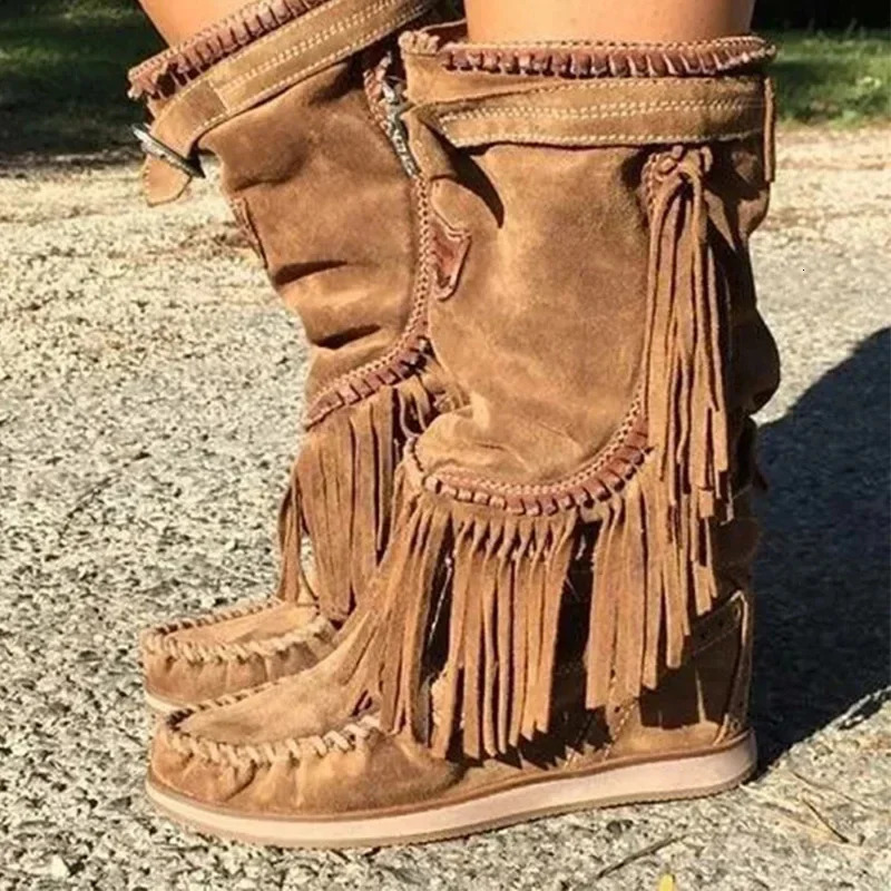 Pirate Boots Woman Pleated Tassel Mid-calf Boots Womens Sewing Footwear Buckle Leather High Heels Shoes Female Plus Size Zip 250612