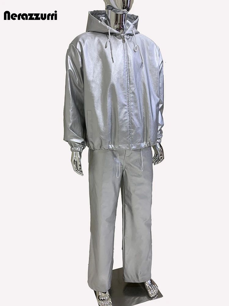 Nerazzurri automne cool beau surdimension imperméable argent pu cuir veste en cuir hommes avec cordon de cordon zipper vêtements européens 250614