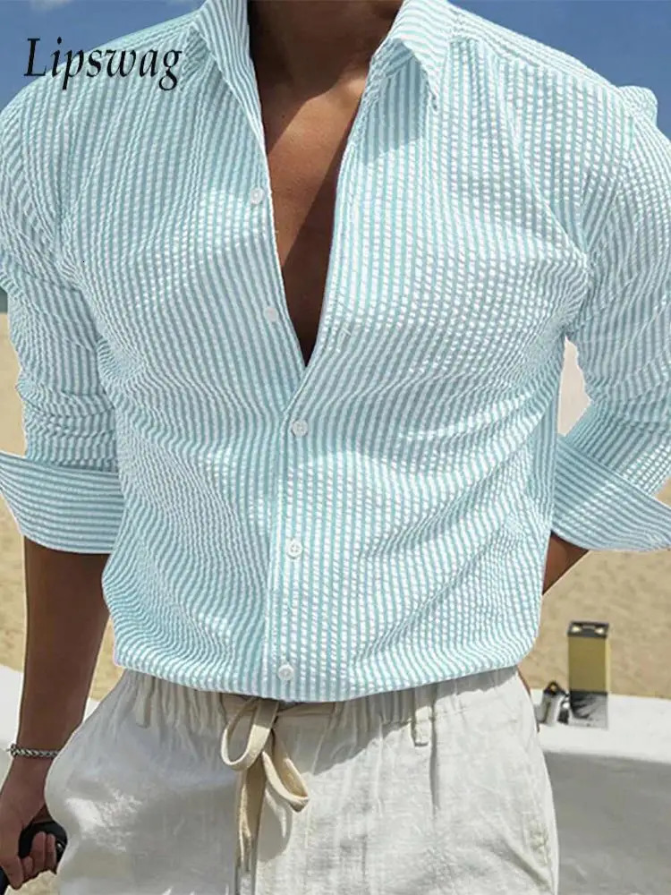 Vintage Striped Mens Shirts Daily Casual Breathable Long Sleeve Shirt Spring Summer Beach Leisure Buttoned Lapel Men Cardigans 250616